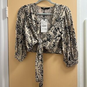 Cropped linen front tie top